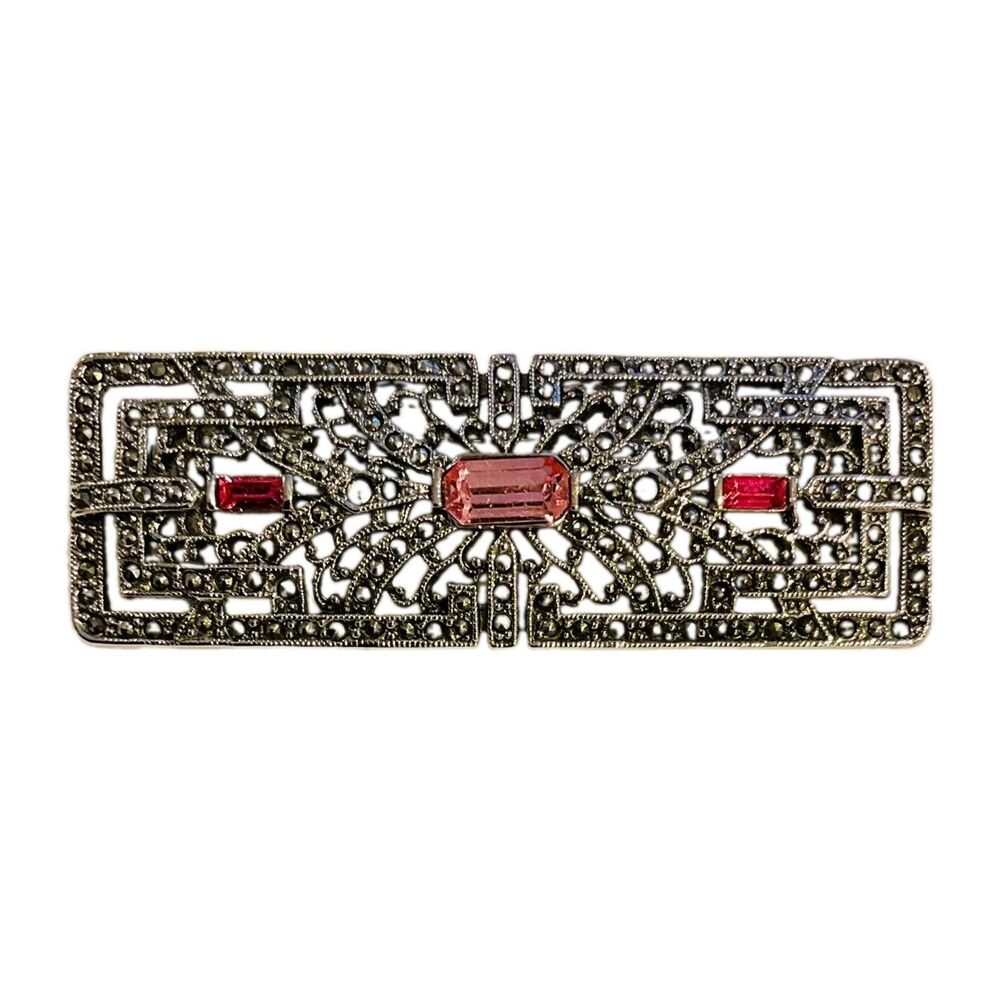 Vtg 1928 Gunmetal Silver Pink Rhinestone Marcasite Brooch Pin Art Deco Style